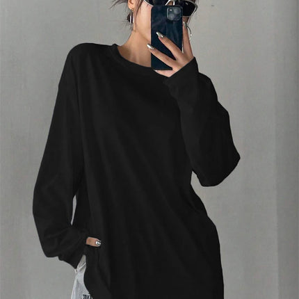 Women Basic Long Sleeve Loose O-neck T-shirt Autumn Winter Solid Color Tee Top Streetwear