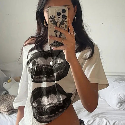 American Street Hip Hop Mouth Print Loose T-shirt Women Personalized Casual Top