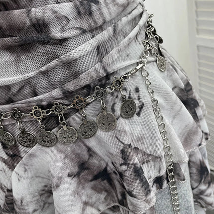 Women's Vintage Tie-dye Printed Mesh Spaghetti Strap Camisole Hot Girl Irregular Ruffled Ribbon Sleeveless Top Partyclub 1185
