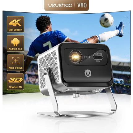 VEVSHAO V80 4K Projector Full HD1080P 2200 Anis Lumens Android 11.0 WiFi 6 Video Home Movie Theater Projectors with Base Stand