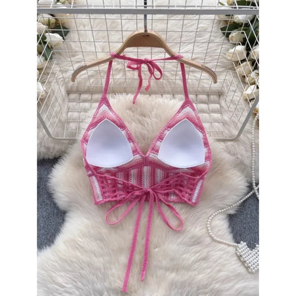 Beach Vacation Style Cami Top Women Design Sense Color Blocking Hook Flower Slim Fit Camisole Short Sexy Exposed Navel Crop Tops