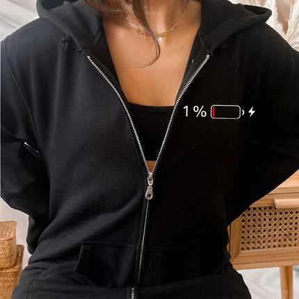 1% Battery Design Zip Up Sweatshirts Low Battery Print Women Fleece Hoodies Tops Fashion Zipper Hoodies Unisex Men Jackets Coats