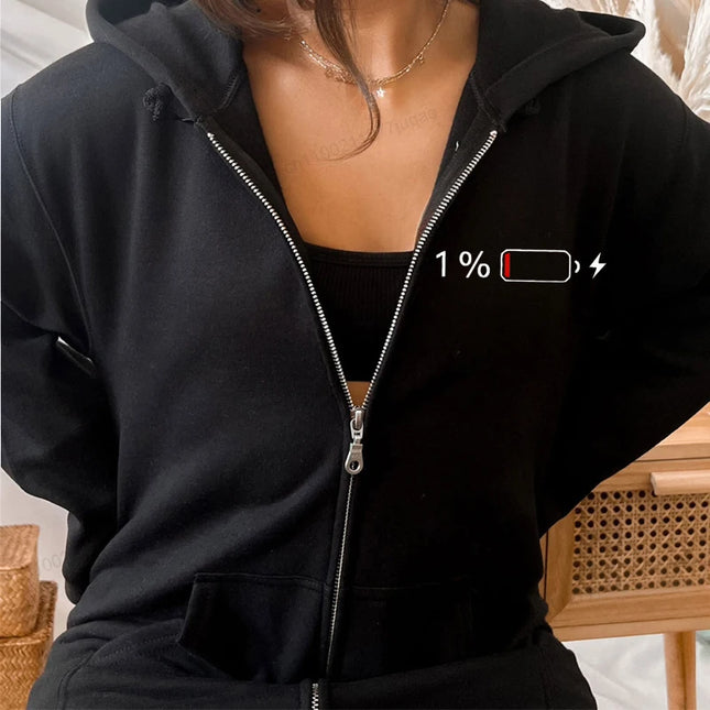 1% Battery Design Zip Up Sweatshirts Low Battery Print Women Fleece Hoodies Tops Fashion Zipper Hoodies Unisex Men Jackets Coats