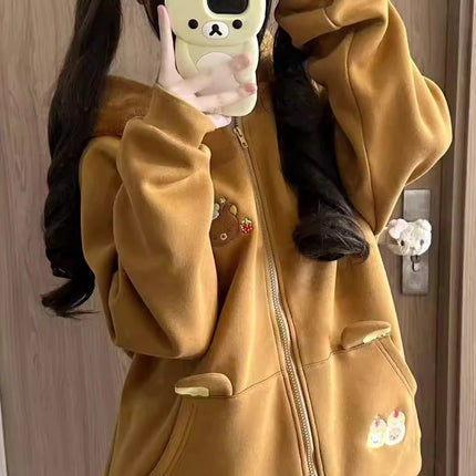 Original Japanese Style Soft Girl Hooded Rilakkuma Jacket for Women Cute Versatile Fleece Lined Thickened Sweatshirt