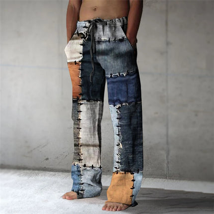 Plaid Color Block Men's Resort 3D Printed Casual Pants Trousers Elastic Waist Fit Straight-Leg Pant Summer Beach Pants