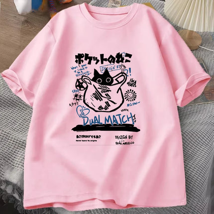 Cat T Shirt Women Casual Personality Round Neck Short Sleeve Fashion T Shirt Cat Lover Summer Loose T Shirts