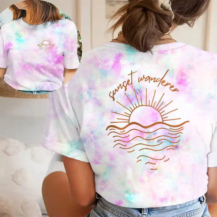 Beach Sunset Graphic T Shirts Women Men Beach Sunset Design Casual Tops Tees Tropical Beach Short Sleeve T-shirt
