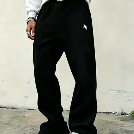 Men's American-Style High-Street Print Black Slightly Flared Sweatpants: Loose-Fitting, Drapey, Wide-Leg Casual Athletic Pants