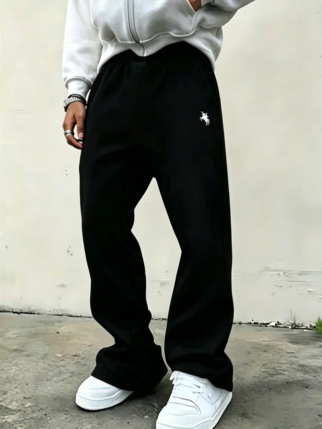 Men's American-Style High-Street Print Black Slightly Flared Sweatpants: Loose-Fitting, Drapey, Wide-Leg Casual Athletic Pants
