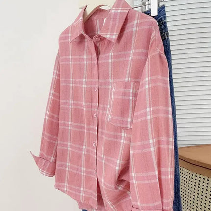 Retro Hong Kong Style Loose Long Sleeve Pink Plaid Shirt Women's Autumn Summer Lazy Slimming Casual Versatile Outerwear Top