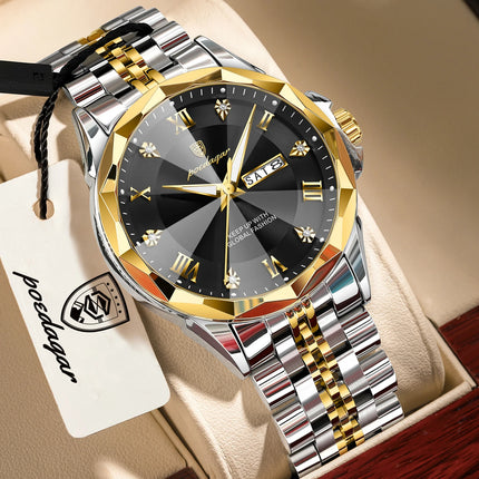 POEDAGAR Fashion Luxury Men Watch Top Original Waterproof Luminous Date Week Man Wristwatch Stainless Steel Quartz Men's Watches
