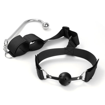 Behind The Back Handcuff Mouth Gag Harness Restraints With Metal Anal Hook Kinky BDSM Bondage Erotic Products For Adult Games