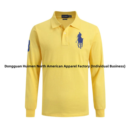 Long Sleeve Pure Cotton Polo Shirt Men's Embroidered Polo Neck T-Shirt Casual Spring Autumn British Style Loose Fit Solid Color