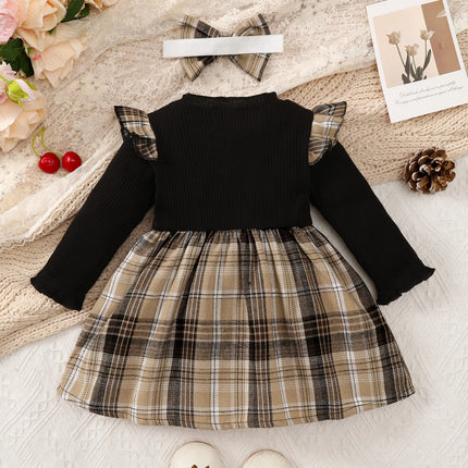 New Baby Girl Spring And Autumn Black Checkered Fake Two-piece Big Bow Headband Dress For Daily Outdoor Wear