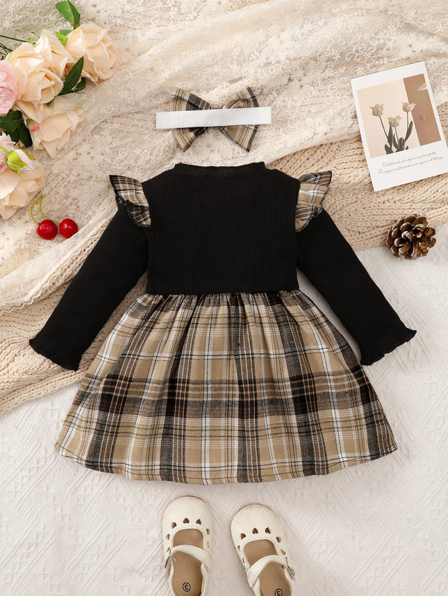 New Baby Girl Spring and Autumn Black Checkered Fake Two-Piece Big Bow Headband Dress for Daily Outdoor Wear