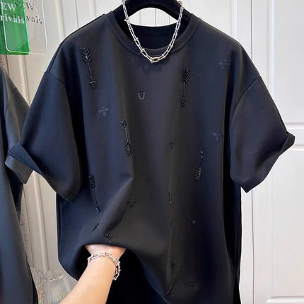 2026 Spring and Summer New Style Pure Cotton Loose Beaded Short-sleeved Fashionable T-shirt Female Top