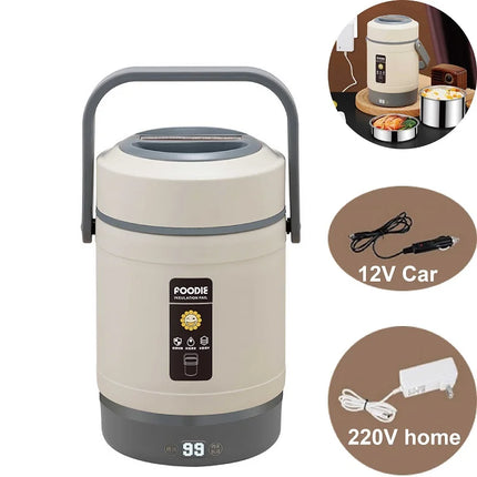 12V Car Electric Lunch Box Portable Outdoors 304 Stainless Steel Keep Warm Pot Double-layer Lunch Box 220V Food Heater 1.6L/2L