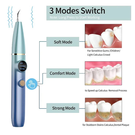 PAKISS Ultrasonic Tooth Cleaner Tartar Plaque Remover  with LED 3 Adjustable Modes 2 Replaceable Clean Heads Safe FY-B700