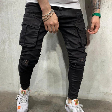 New Jeans Men Pants Wash Solid Color Multi Pockets Denim Mid Waist Cargo Jeans Plus Size Fahsion Casual Trousers Male Daily Wear