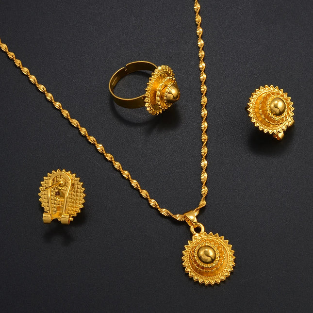 Anniyo Small Size Ethiopian Jewelry for Girls Women Necklaces Earrings Ring Gold Color Eritrea African Children Jewelry #161416
