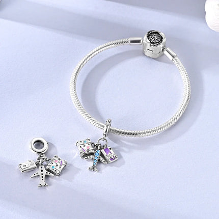 925 Sterling Silver Travel Passport Trunk Charms Fit Original Bracelet Diy Airplane Earth Beads for Jewelry Making Gift