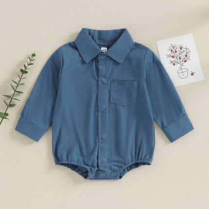 Pudcoco Infant Baby Boy Gentleman Romper Solid Color Long-Sleeved Lapel Front Button Jumpsuit with Pocket Toddler Clothes 0-24M