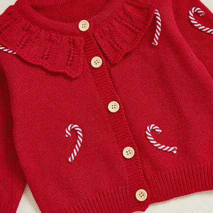 Toddler Girl Christmas Knit Sweater Cardigan Long Sleeve Ruffled Round Neck Button Down Candy Cane Embroidery Sweater