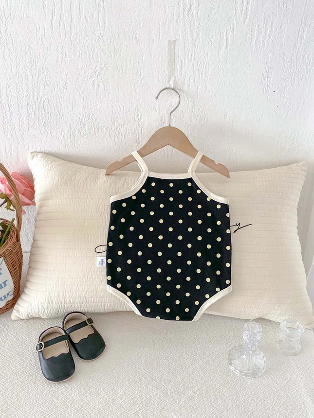 Korean-style summer baby girl polka dot bow jumpsuit, comfortable and cute baby girl sling jumpsuit, perfect for home and