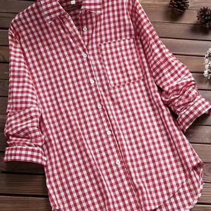 Plus Size Plaid Women's Cotton Linen Long Sleeves Roll Up Striped Casual V Neck Button Down Shirts Blouses Collar Tunic Tops