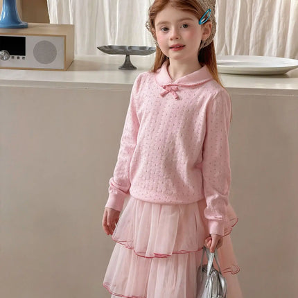 2026 Spring Sweet Preppy Style Girls Blouse Pink Peter Pan Collar Bow Openwork Knit Top Soft Long Sleeve Children Tee