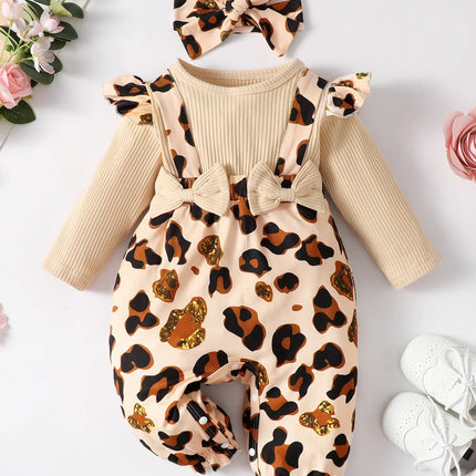 Baby Girl Leopard Print Ruffle Trim Bow Front Jumpsuit & Headband