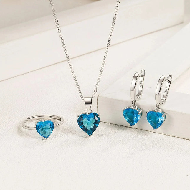 Fine 925 Sterling Silver Jewelry Gift Sets for Women Female Romantic Heart Zircon Huggie Earrings Pendant Necklace Ring