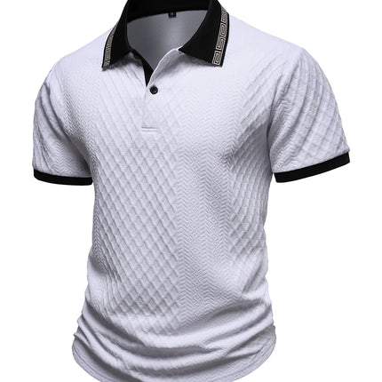 Men's casual sports jacquard short sleeved button polo shirt with a lapel knit top