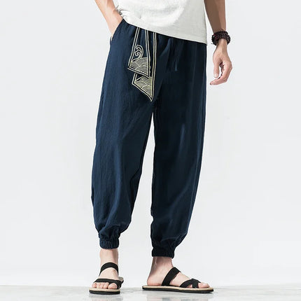 Kimono Men Cotton Linen Japanese Samurai Costume Ukiyo-e Print Belt Retro Harem Pants Mens Hip Hop Harajuku Haori Baggy Trousers