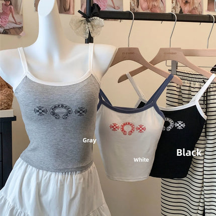 Korean Sweet Spicy Sleeveless Print Vest Women Summer Short Fit Inner Wear Strap Design Commute Top Casual Daily Girl