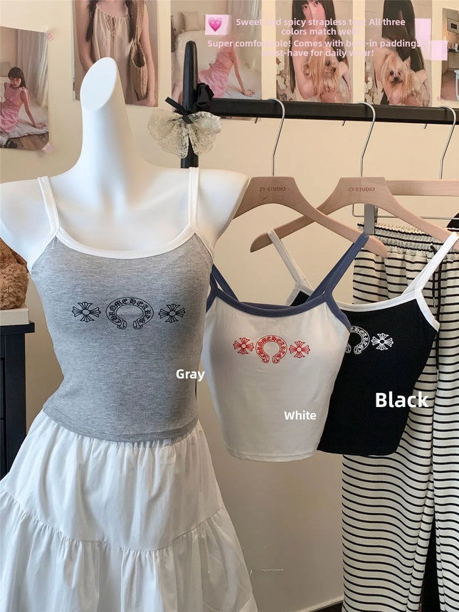 Korean Sweet Spicy Sle Print Vest Women Summer ort Fit Inner Wear Strap Design Commute Top Casual Daily Girl