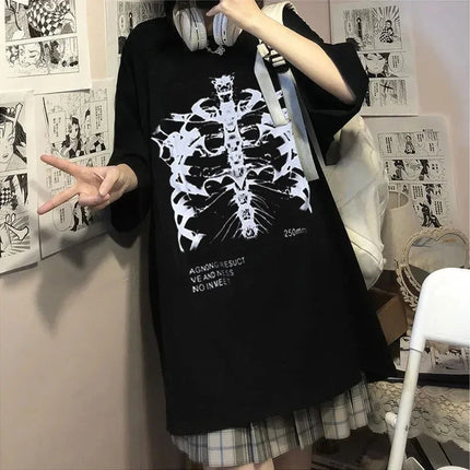 Geometric Pattern Print Harajuku Skeleton Women T-shirts Men Gothic Hip Hop Streetwear Black Goth Clothes Short Sleeve Top Y2k