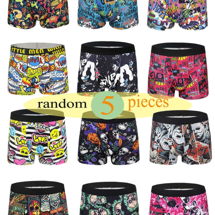 Men's Fun Graffiti Printed Boxer Shorts Random 5-Piece Set, Trendy, Personalized, Comfortable and Breathable Four-Corner Pants