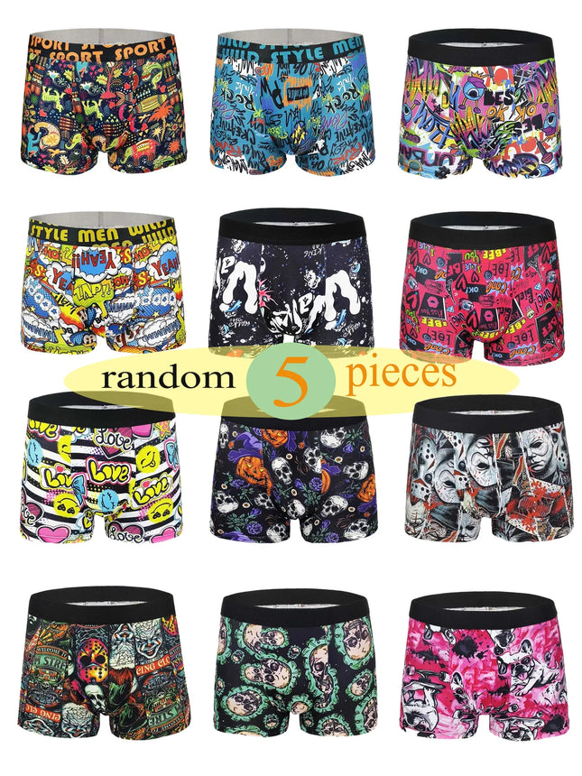 Men's Fun Graffiti Printed Boxer Shorts Random 5-Piece Set, Trendy, Personalized, Comfortable and Breathable Four-Corner Pants