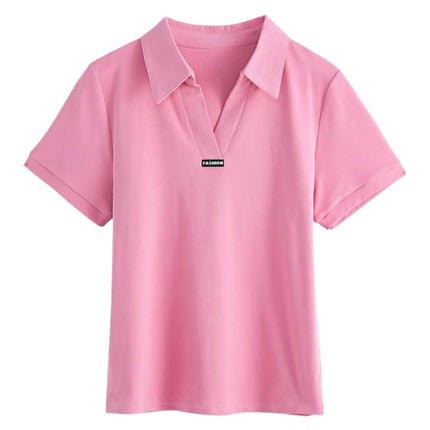 European Station Polo Neck Short sleeved T-shirt Women's Summer New Fashion Light Luxury Loose Large Cotton V-neck Casual Top