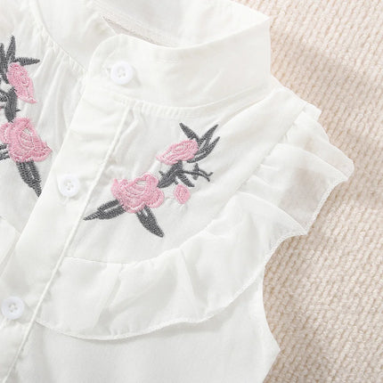 (0-3 Years Old) Summer Baby Girl Cotton Flower Embroidery Sleeveless Top And Shorts Two-Piece Set Of Cute Girl Shirt Top And Sho