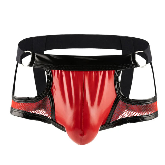 Men's Jockstraps Gay Underwear Lingerie Erotic Penis Bikini Panties Man Patchwork Mesh Faux Leather Jock Strap Underpants Cueca