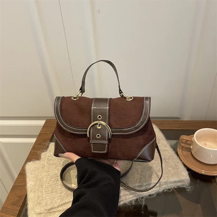 Elegant Shoulder Bag Metal Buckle Suede Leather Mix and Maillard Tones Flap Magnetic Snap Multifunction Crossbody for Commute