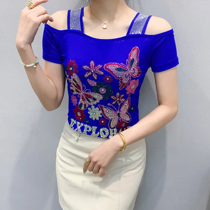 Summer Streetwear Fashion Women's T-shirt Luxury Design Butterfly Hot Diamonds Tee Sexy Off Shoulder Girls Tops European Clothes