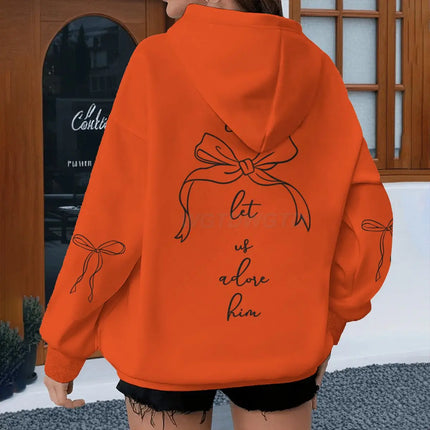Coquette Bow Print Bible Verses Hoodies "Come Let Us Adore Him" Hoodie Fashion Women Vintage Fun Christian Jesus Hoody