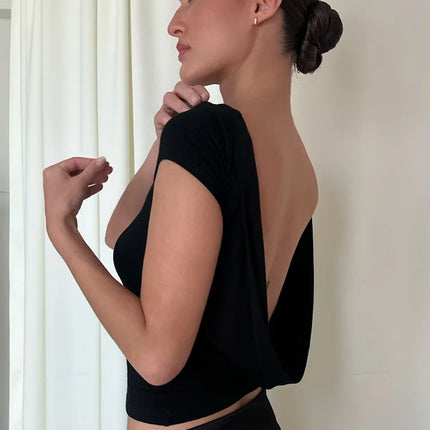Women's O Neck Short Sleeve Backless Ruched Crop Top Y2K Streetwear Summer Spring Casual T-Shirt Dropshipping