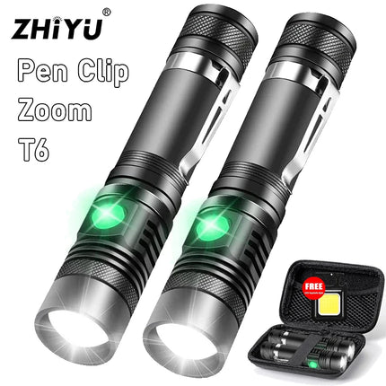Super Bright T6 Flashlight USB Rechargeable Tactical Zoom Torch Portable Pen Clip Work Lamp Outdoor Camping Fishing Flashlight
