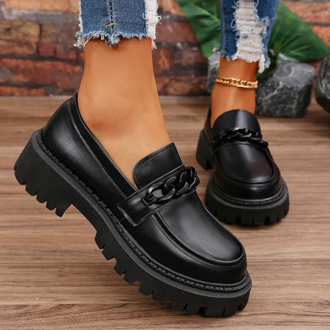 Women's Platform Loafers with Chain Decor Fashion Preppy Style Dress Shoes Woman Patent Leather Slip On Ladies Flats Plus Size