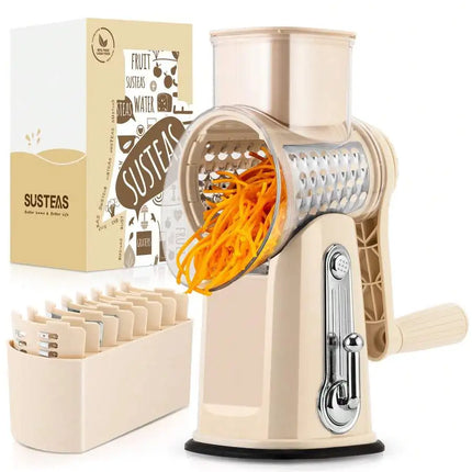 Rotary Cheese Grater With Handle - Food Shredder With 5 Well-Designed Blades & Strong Suction Base,Round Mandoline Slice