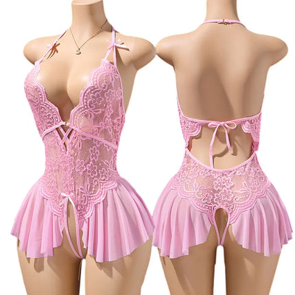 Pink Delicate Lingerie With Skirt Hem Front Buckle Bra And Panty Crotchless Set Women Drees Halter-neck Backless Sexy Underwear